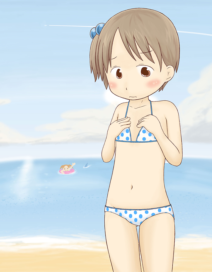 suriheru, itou chika, matsuoka miu, ichigo mashimaro, 2girls, beach, bikini, blush, brown eyes, brown hair, child, cloud, flat chest, innertube, lowleg, lowleg bikini, multiple girls, ocean, polka dot, polka dot bikini, polka dot swimsuit, sand, shark, short hair, sky, swim ring, swimsuit, water