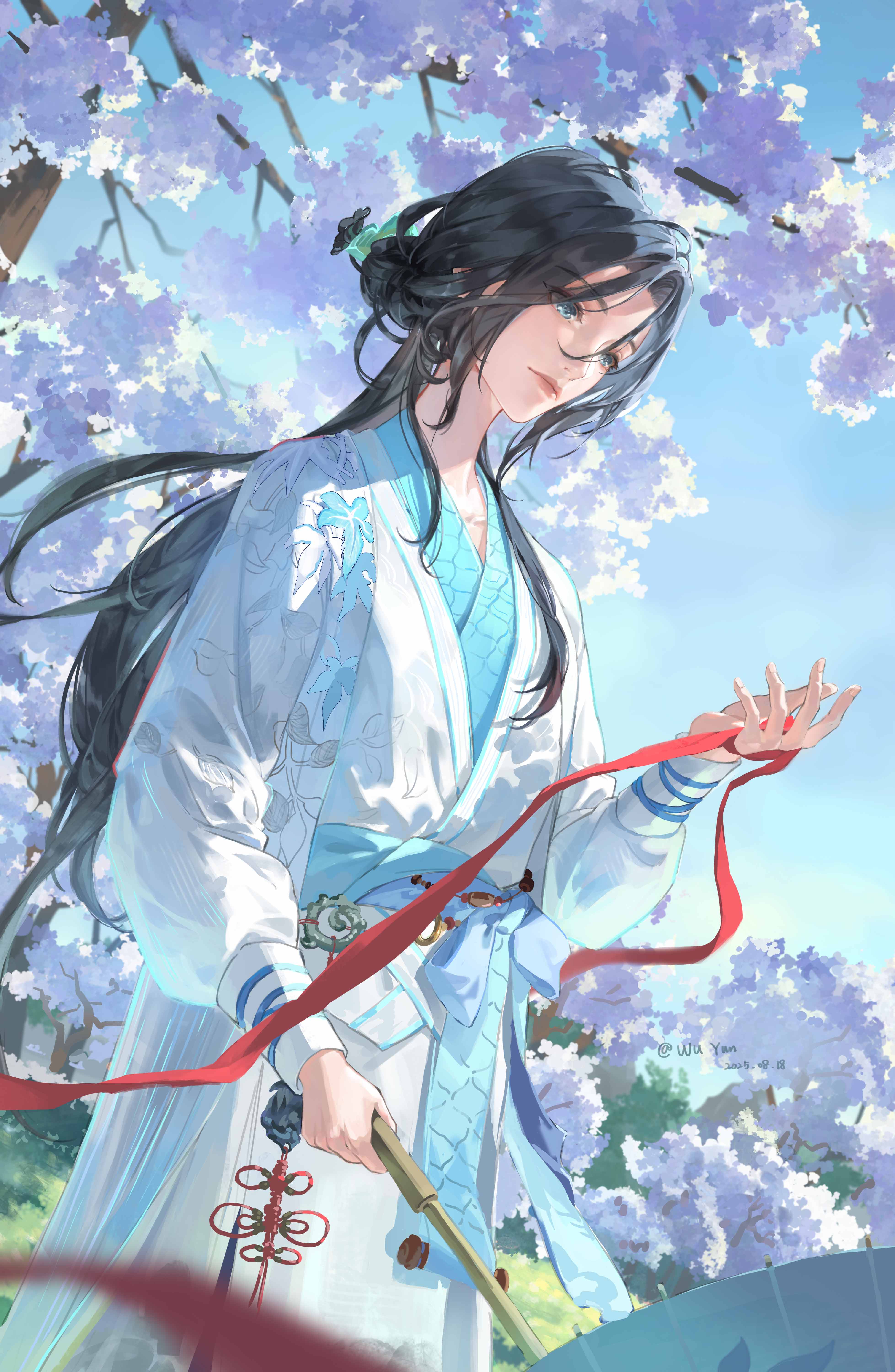 miss bai (infinity nikki), infinity nikki, nikki (series), absurdres, highres, 1girl, blindfold, blonde hair, blue bow, blue eyes, blue sky, blue umbrella, bow, bush, cherry blossoms, chinese clothes, closed mouth, cloud, colored blindfold, cowboy shot, day, dutch angle, expressionless, eyelashes, fingernails, floral print, flower, hair bun, hair ornament, hairpin, hanfu, head tilt, holding, holding blindfold, holding umbrella, lipstick, long hair, long sleeves, looking at object, makeup, oil-paper umbrella, outdoors, pink flower, pink lips, puffy long sleeves, puffy sleeves, scale print, sidelocks, single hair bun, sky, solo, spring (season), standing, tree, umbrella, very long hair, waist bow, white hanfu, you wuyun