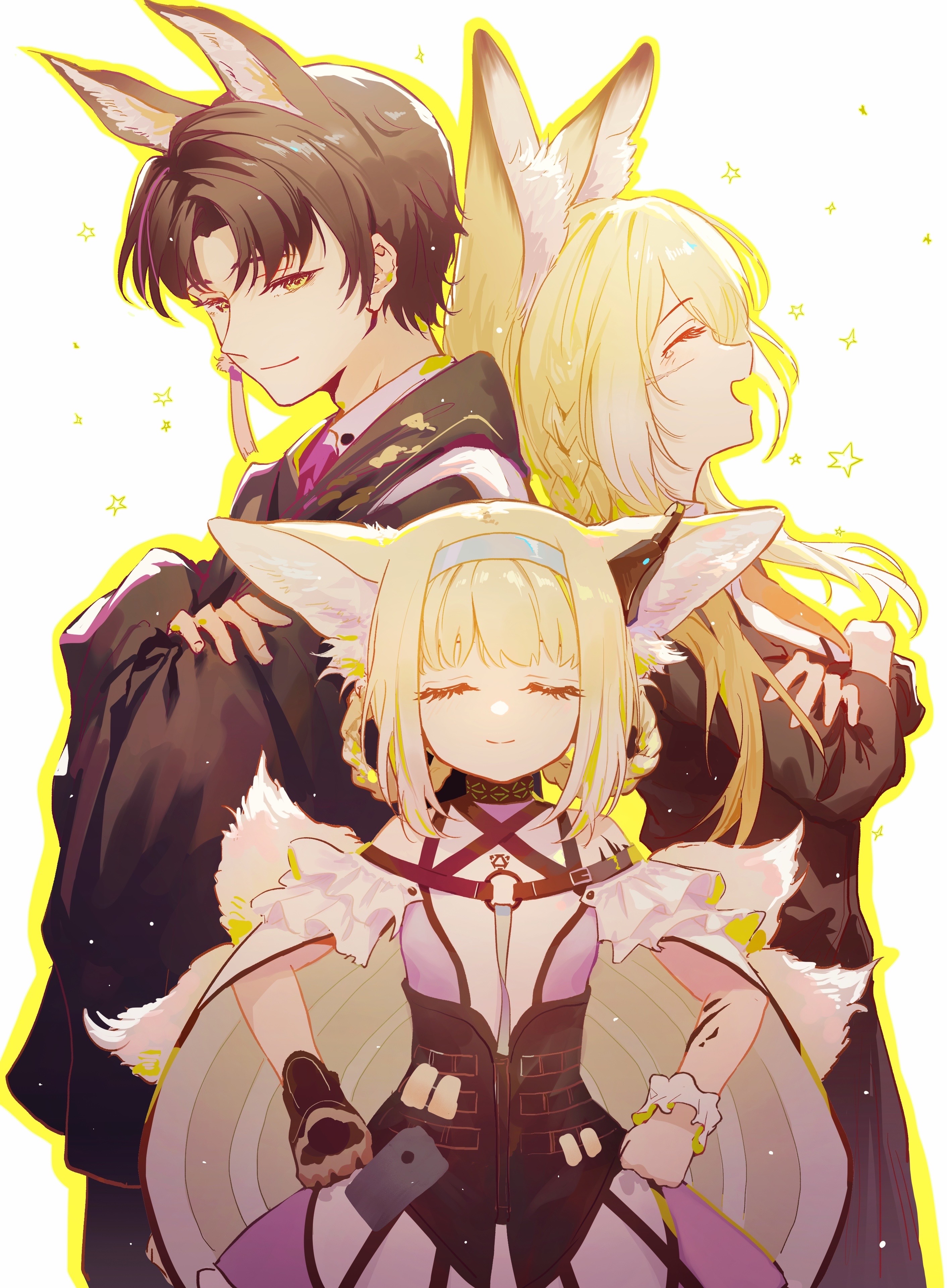 enip o, infection monitor (arknights), suzuran's father (arknights), suzuran (arknights), vulpisfoglia (arknights), arknights, absurdres, chinese commentary, commentary request, highres, animal ears, black hair, blonde hair, closed eyes, crossed arms, family, father and daughter, fox boy, fox ears, fox girl, fox tail, husband and wife, kitsune, kyuubi, mother and daughter, multicolored hair, multiple tails, open mouth, orange eyes, pink hair, streaked hair, tail