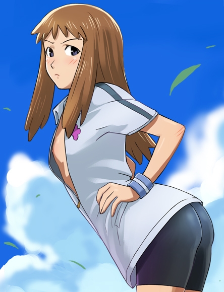 haruyama kazunori, hasebe ai, noein, 00s, 1girl, ass, bike shorts, blue eyes, blush, brown hair, downblouse, female focus, flat chest, nipple slip, nipples, open clothes, open shirt, shirt, solo