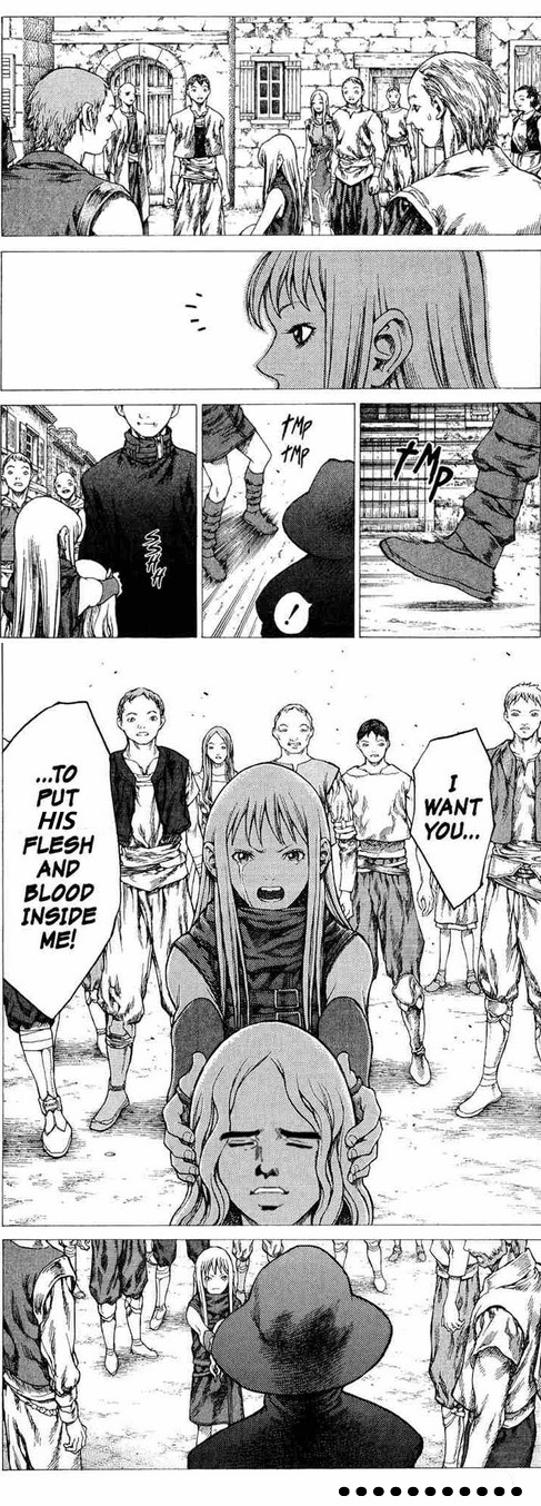 yagi norihiro, clare (claymore), rubel, teresa, claymore (series), hard-translated, highres, long image, tall image, third-party edit, 00s, 2girls, 6+boys, greyscale, monochrome, multiple boys, multiple girls, yaranaika