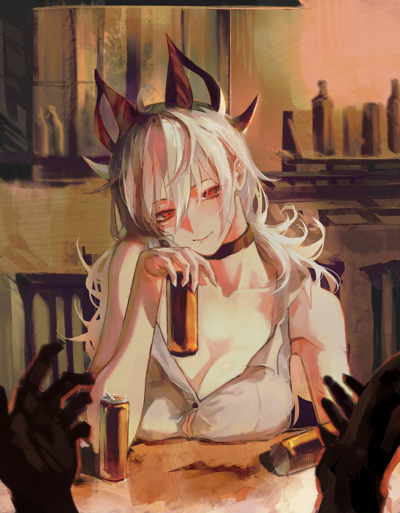 guii1210, zani (wuthering waves), wuthering waves, highres, 1girl, bare shoulders, black choker, black horns, breasts, button gap, choker, cleavage, closed mouth, collarbone, cup, curled horns, hair between eyes, holding, holding cup, horns, large breasts, long hair, looking at viewer, multicolored eyes, red eyes, shirt, sitting, two-tone eyes, upper body, white hair, white shirt