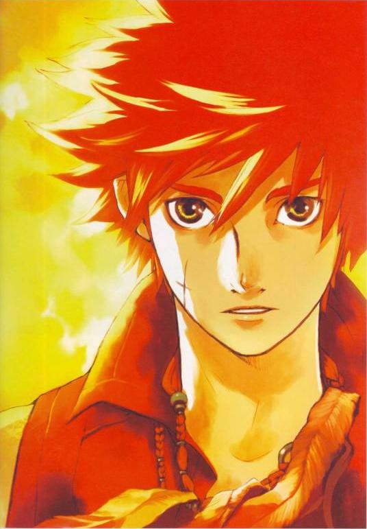 apollo (aquarion), aquarion (series), sousei no aquarion, 00s, 1boy, collar, collarbone, expressionless, looking at viewer, male focus, parted lips, red theme, scar, simple background, solo, upper body, yellow background