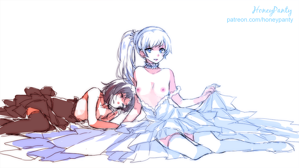 peachpii, ruby rose, weiss schnee, rwby, commentary, english commentary, 2girls, alternate costume, arm support, black dress, black hair, black thighhighs, blue eyes, breasts, choker, closed eyes, dress, lace, lace choker, long legs, looking at viewer, lying, multiple girls, no bra, off shoulder, on side, patreon username, ponytail, scar, scar across eye, scar on face, skirt hold, sleeping, small breasts, thighhighs, thighs, tiara, watermark, web address, white dress, white thighhighs