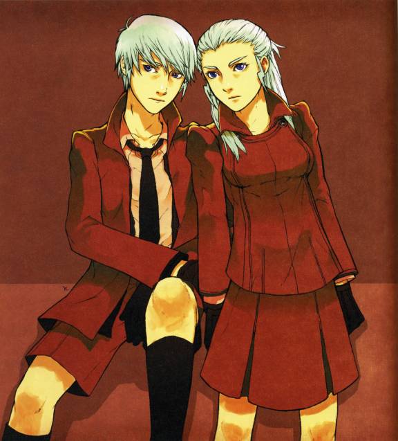 chloe klick, kurt klick, aquarion (series), sousei no aquarion, silver hair, 00s, 1boy, 1girl, black necktie, black socks, braid, brother and sister, collared shirt, dress, dress shirt, formal clothes, gloves, jacket, kneehighs, long sleeves, looking at viewer, necktie, open clothes, open jacket, red dress, red suit, red theme, shirt, short hair, shorts, siblings, sitting, skirt, skirt suit, socks, standing, suit, twin braids, twins, white shirt