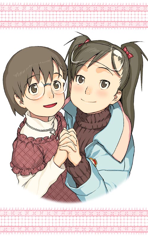 hijiri rei, amasawa yuuko, okonogi yuuko, dennou coil, 00s, brown eyes, brown hair, dress, glasses, holding hands, jacket, short hair, sweater, twintails