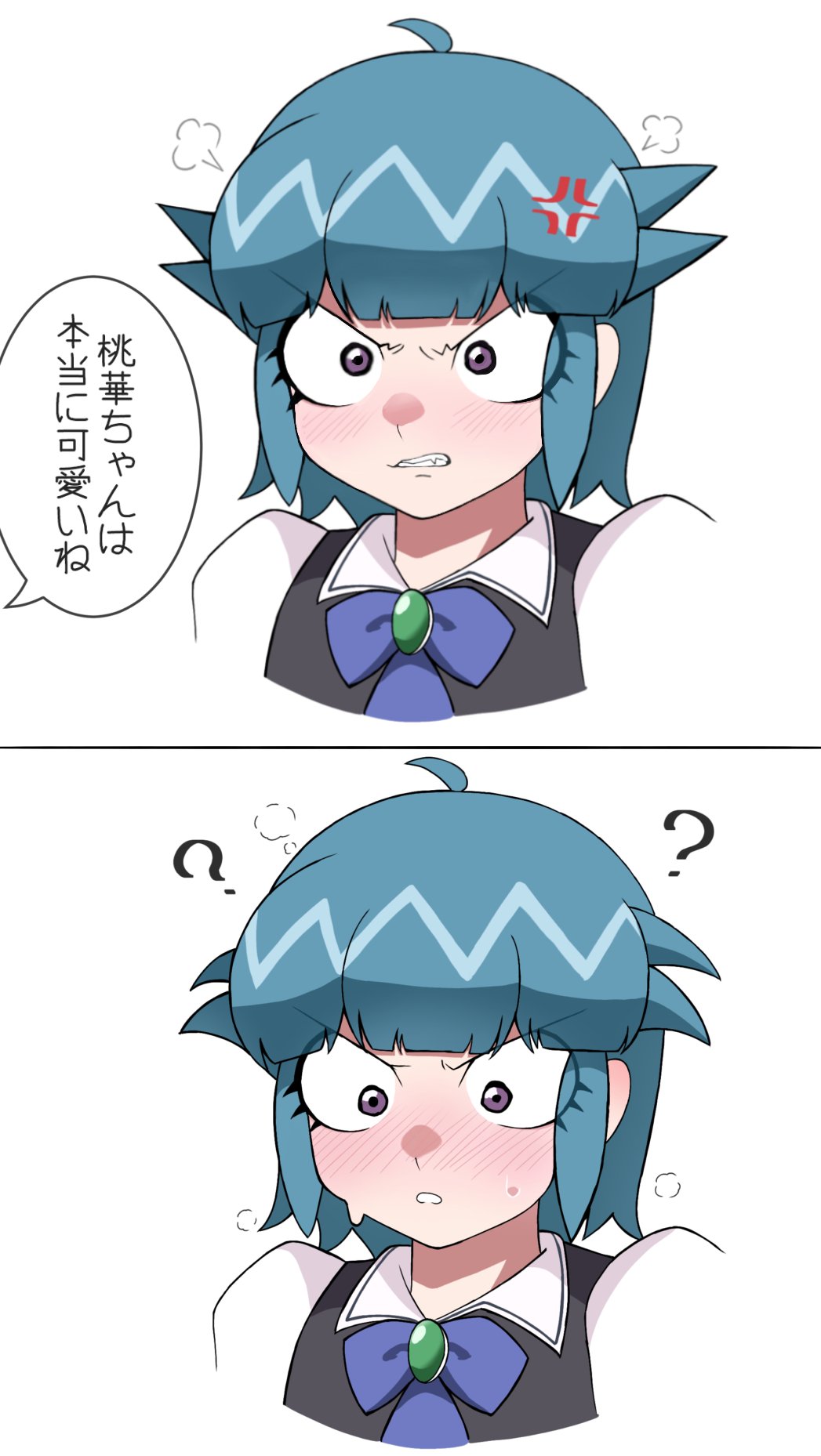 kohiru atsuku, nishizawa momoka, keroro gunsou, highres, 1girl, ?, anger vein, black vest, blue bow, blue hair, blush, bow, brooch, clenched teeth, jewelry, purple eyes, school uniform, shirt, short hair, spiked hair, sweat, teeth, vest, white background, white shirt