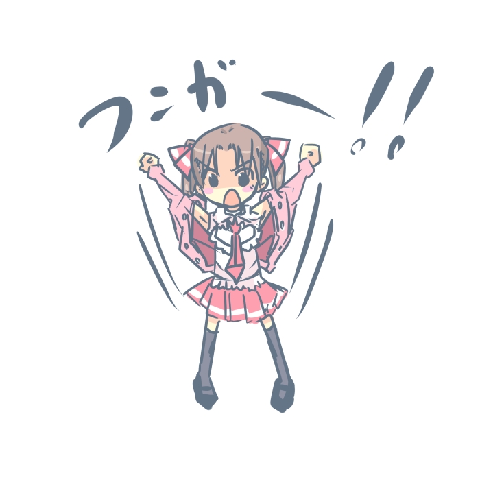 kanikama, matsuoka miu, ichigo mashimaro, >:o, 1girl, :o, arms up, bare shoulders, black eyes, black shoes, black thighhighs, blush stickers, brown hair, buttons, chibi, female focus, frills, full body, hair ribbon, jacket, long sleeves, looking at viewer, mary janes, motion lines, necktie, open clothes, open jacket, open mouth, pigeon-toed, pink jacket, pleated skirt, red necktie, red ribbon, red skirt, ribbon, shirt, shoes, simple background, sketch, skirt, sleeveless, sleeveless shirt, solo, standing, thighhighs, twintails, unbuttoned, v-shaped eyebrows, white background, zettai ryouiki
