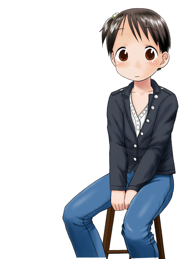 itou chika, ichigo mashimaro, 1girl, androgynous, black jacket, blush, buttons, chair, collarbone, denim, expressionless, female focus, jacket, jeans, long sleeves, looking at viewer, pants, short hair, solo, stool, tareme, unbuttoned