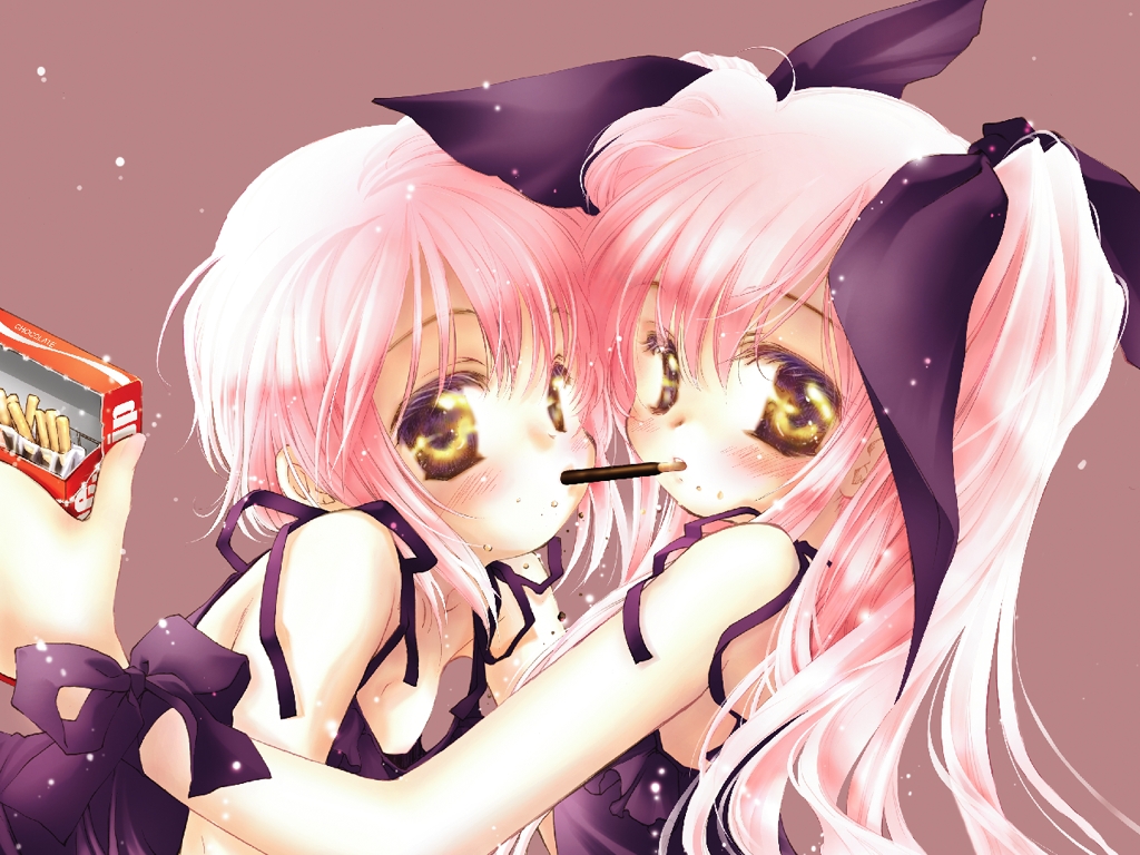 mitaonsha, kousaka alice, kousaka maria, mizukabe, suigetsu, 2girls, food, loli, multiple girls, pink hair, pocky, pocky kiss, shared food, siblings, sisters, twins, yuri