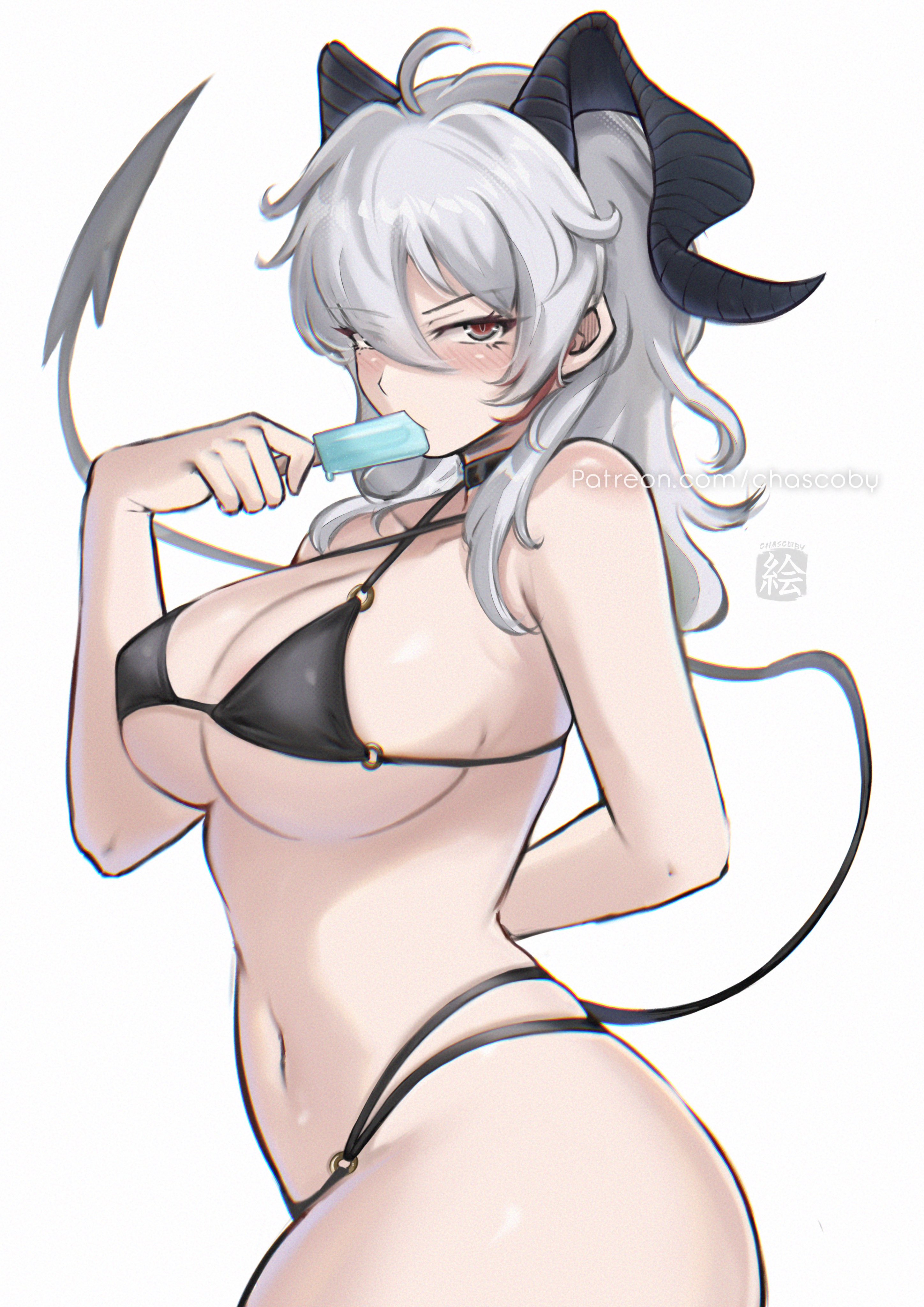chascoby, zani (wuthering waves), wuthering waves, absurdres, commentary, english commentary, highres, paid reward available, 1girl, ahoge, alternate costume, arm behind back, bare shoulders, bikini, black bikini, black eyes, black horns, black tail, blush, breasts, chromatic aberration, criss-cross halter, curled horns, demon tail, food, grey hair, hair between eyes, halterneck, holding, holding food, holding popsicle, horns, large breasts, long hair, looking at viewer, multi-strapped bikini bottom, multicolored eyes, multicolored hair, navel, patreon username, popsicle, red eyes, simple background, solo, stomach, streaked hair, swimsuit, tail, thighs, two-tone eyes, watermark, web address, white background