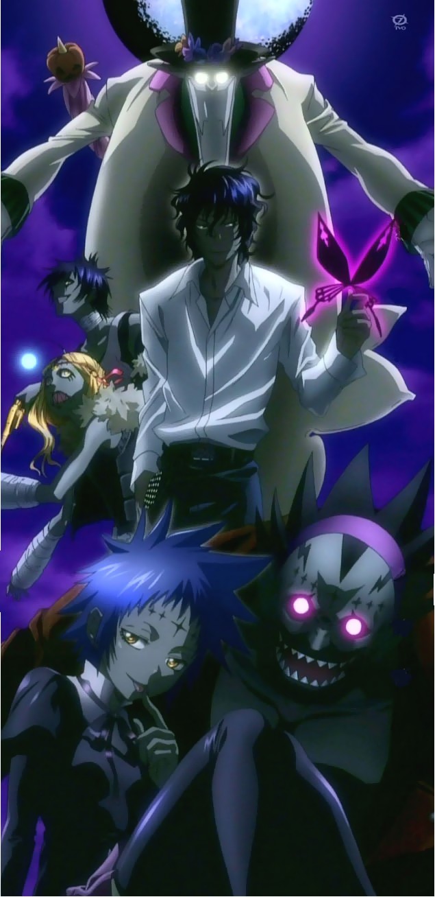 devit, jasdero, millenium earl, millennium earl, road kamelot, skinn bolic, tyki mikk, d.gray-man, highres, 00s, 1girl, 5boys, animal, belt, black hair, blue hair, buckle, bug, butterfly, closed mouth, collared shirt, dark, formal clothes, glowing, glowing eyes, looking at viewer, multiple boys, open mouth, pale skin, pants, pink eyes, sharp teeth, shirt, short sleeves, smirk, suit, teeth, white shirt