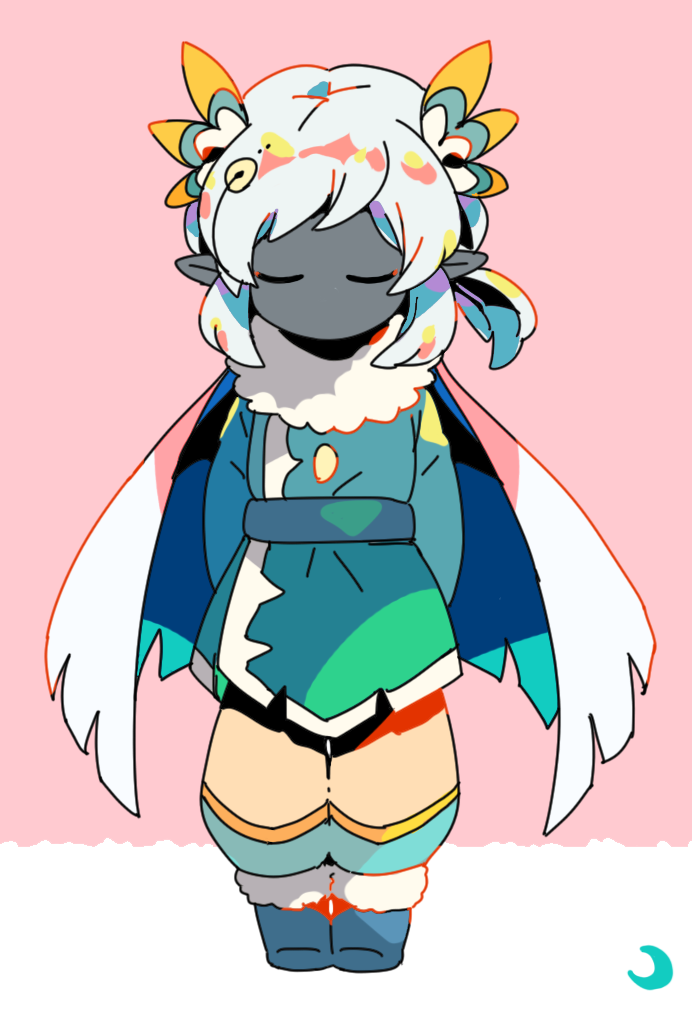 mizuki tsukimori, sky: children of the light, commentary request, 1girl, arms behind back, blue boots, boots, cape, character name, closed eyes, colored skin, full body, grey skin, male focus, pants, pink background, pointy ears, sidelocks, solo, white cape, white hair, white pants