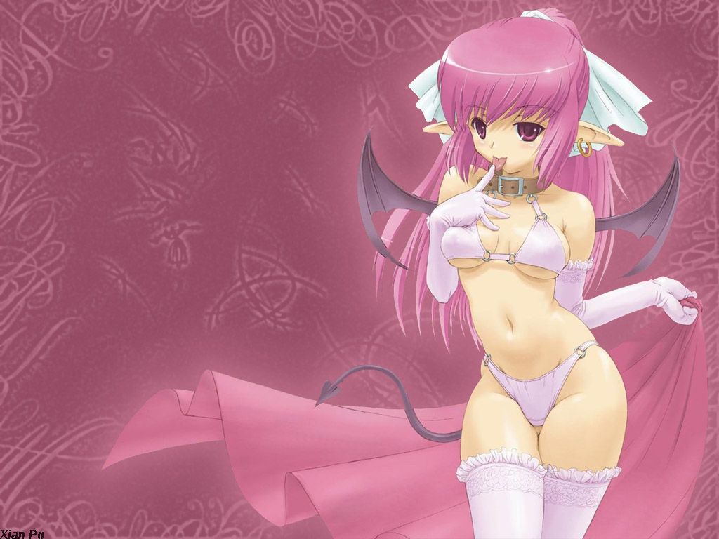 inu777, nira (character), original, lace-trimmed legwear, 1girl, :p, bat wings, bikini, blush, bra, breasts, collar, covered erect nipples, curvy, demon, demon girl, demon tail, demon wings, earrings, elbow gloves, female focus, finger to mouth, frilled thighhighs, frills, gloves, hair ribbon, highleg, highleg panties, jewelry, lace, lace trim, lingerie, naughty face, navel, panties, pink eyes, pink hair, pointy ears, purple bra, purple panties, purple thighhighs, ribbon, sideboob, single earring, solo, standing, swimsuit, tail, thighhighs, tongue, tongue out, underboob, underwear, underwear only, watermark, wide hips, wings