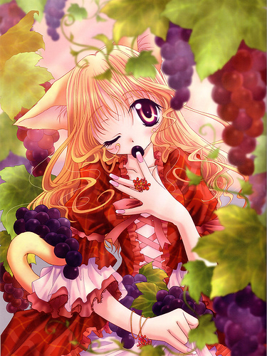 lowres, animal ears, blurry, cat, cat ears, cat tail, depth of field, dress, food, fruit, grapes, head tilt, one eye closed, solo, tail, wavy hair, wink