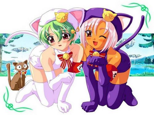lowres, 2girls, all fours, animal ears, bell, cat, cat ears, cat tail, everyone, female focus, full body, gloves, hat, multiple girls, outdoors, plant, sky, tail, thighhighs, tree, water