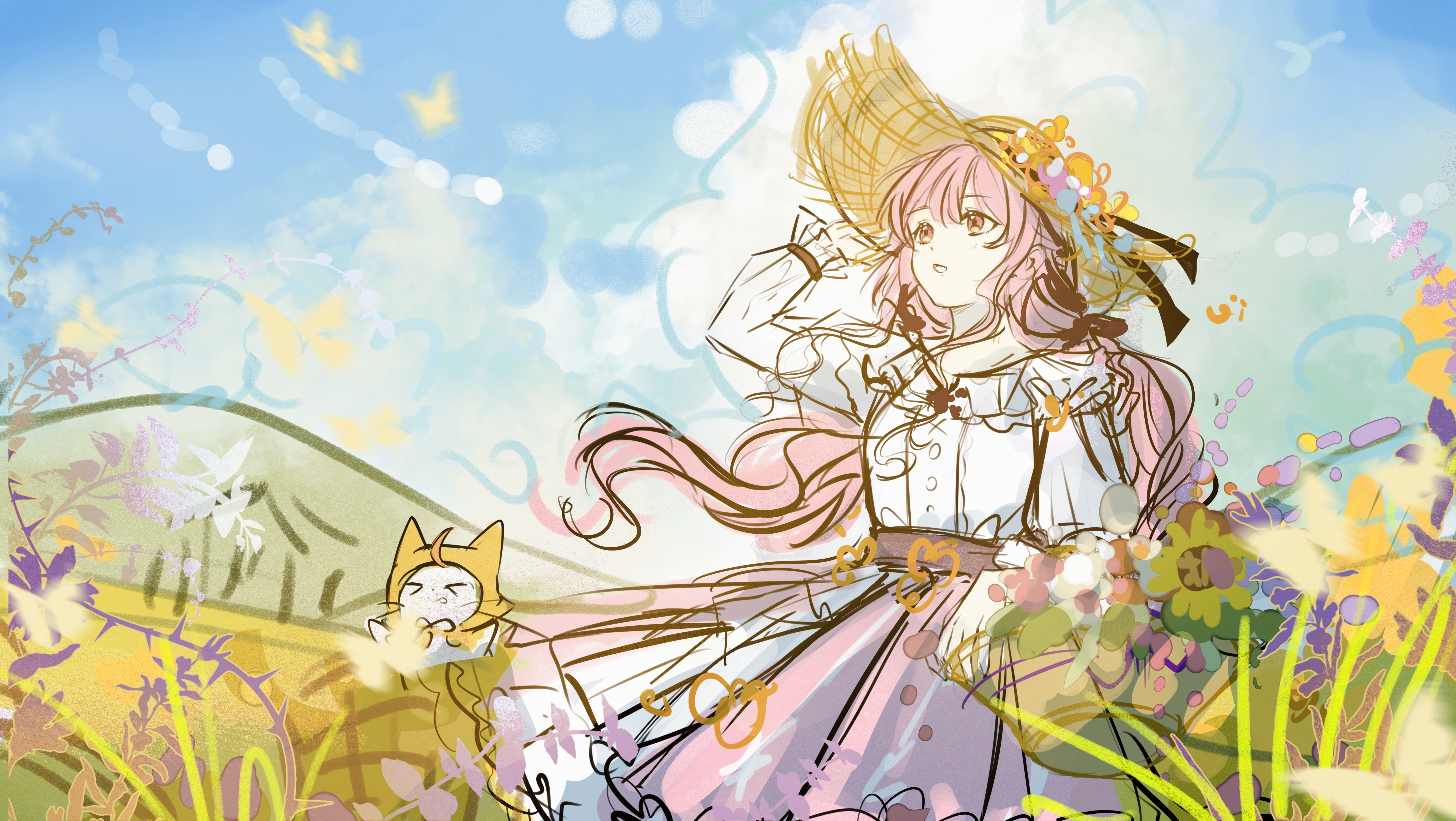 sijiu 49, momo (nikki), nikki (nikki), perfect start (infinity nikki), infinity nikki, nikki (series), absurdres, highres, > <, 1girl, ahoge, animal, basket, belt, black belt, black bow, black ribbon, blue sky, bow, brown eyes, bug, butterfly, buttons, cat, center frills, cloak, closed mouth, clothed animal, cloud, collarbone, cowboy shot, ear covers, eyelashes, fence, field, floating clothes, floating hair, flower, flower field, frilled shirt, frilled skirt, frilled sleeves, frills, hair bow, hair ribbon, hand on headwear, hat, hat flower, hat ribbon, holding, holding basket, hood, hood up, hooded cloak, insect, jewelry, layered skirt, long hair, long sleeves, low twintails, medium skirt, necklace, orange flower, pink flower, pink hair, pink skirt, pleated skirt, puffy long sleeves, puffy sleeves, ribbon, shirt, sketch, skirt, sky, smile, snowflake print, standing, straw hat, sun hat, sunflower, tongue, tongue out, tress ribbon, twintails, very long hair, wavy hair, whiskers, white cat, white flower, white shirt, white skirt, wind, yellow butterfly, yellow cloak, yellow flower
