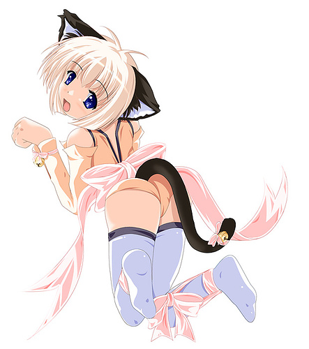 lowres, animal ears, bell, bent over, blue eyes, cat ears, cat tail, solo, tail, thighhighs