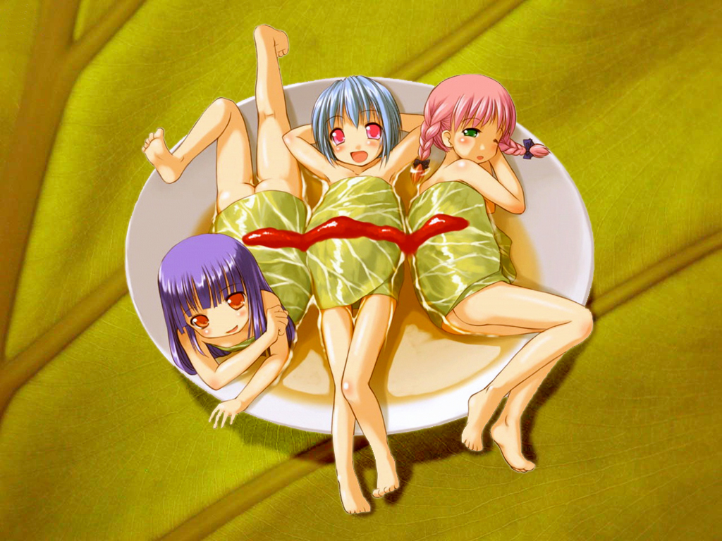 bosshi, original, light blue hair, copyright request, 3girls, armpits, barefoot, blue hair, braid, feet, food, green eyes, in food, loli, looking at viewer, lying, mini person, minigirl, multiple girls, nude, nyotaimori, on back, on plate, on side, on stomach, open mouth, pink hair, plate, purple hair, red eyes, short hair, soles, thigh gap, thighs, toes, twin braids, wince