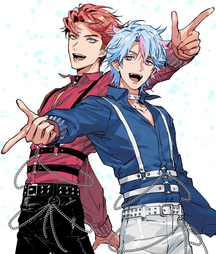 egawa satsuki, hughie (pretty series), ibuki touma (primagista), pretty series, waccha primagi!, commentary request, 2boys, black pants, blue eyes, blue shirt, chain, chest harness, choker, collared shirt, cowboy shot, green eyes, harness, ibuki touma, index finger raised, long sleeves, looking at viewer, male focus, multicolored hair, multiple boys, open mouth, orange hair, outstretched arm, pants, pointing, pointing at viewer, red shirt, shirt, short hair, smile, standing, streaked hair, white background, white choker, white pants