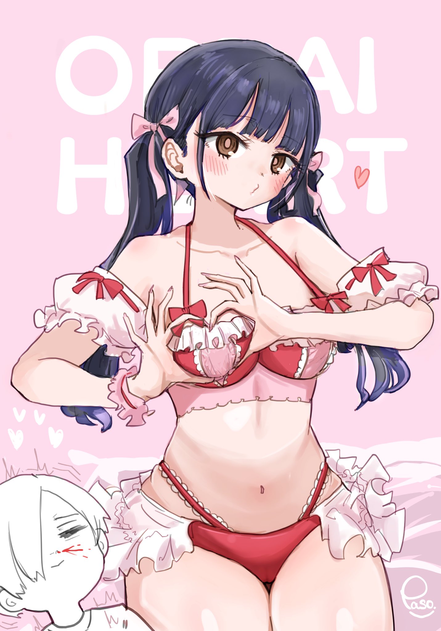 paso, yamada anna, boku no kokoro no yabai yatsu, highres, 1boy, 1girl, bikini, black hair, blood, blush, breasts, brown eyes, detached sleeves, frilled bikini, frills, heart, heart-shaped boob challenge, heart hands, large breasts, long hair, looking at viewer, navel, nosebleed, pink background, red bikini, ribbon, swimsuit