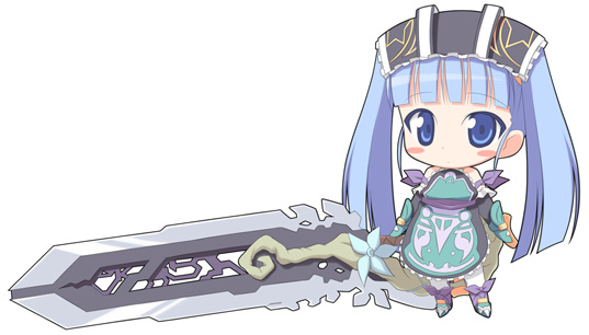 kagura yuuki, gretel (otogi-jushi akazukin), otogi-juushi akazukin, gretel, 00s, 1girl, blue eyes, blue hair, chibi, dress, female focus, matching hair/eyes, solo, sword, weapon
