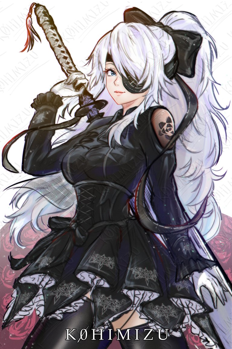 a4 (yorha), yorha, nier:automata, nier (series), commentary, 1girl, artist name, black bow, black dress, blue eyes, bow, cowboy shot, dress, eyepatch, gloves, hair bow, holding, holding behind back, holding sword, holding sword behind back, holding weapon, holding weapon behind back, k0himizu, long hair, long sleeves, looking at viewer, ponytail, smirk, solo, sword, watermark, weapon, white background, white gloves, white hair