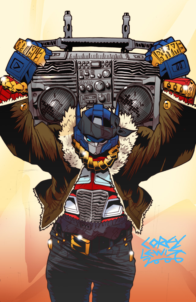 corey lewis, optimus prime, transformers, transformers: generation 1, autobot, bandana, belt, bling, boombox, clothed robot, gangster, jacket, jewelry, mecha, no humans, robot, solo