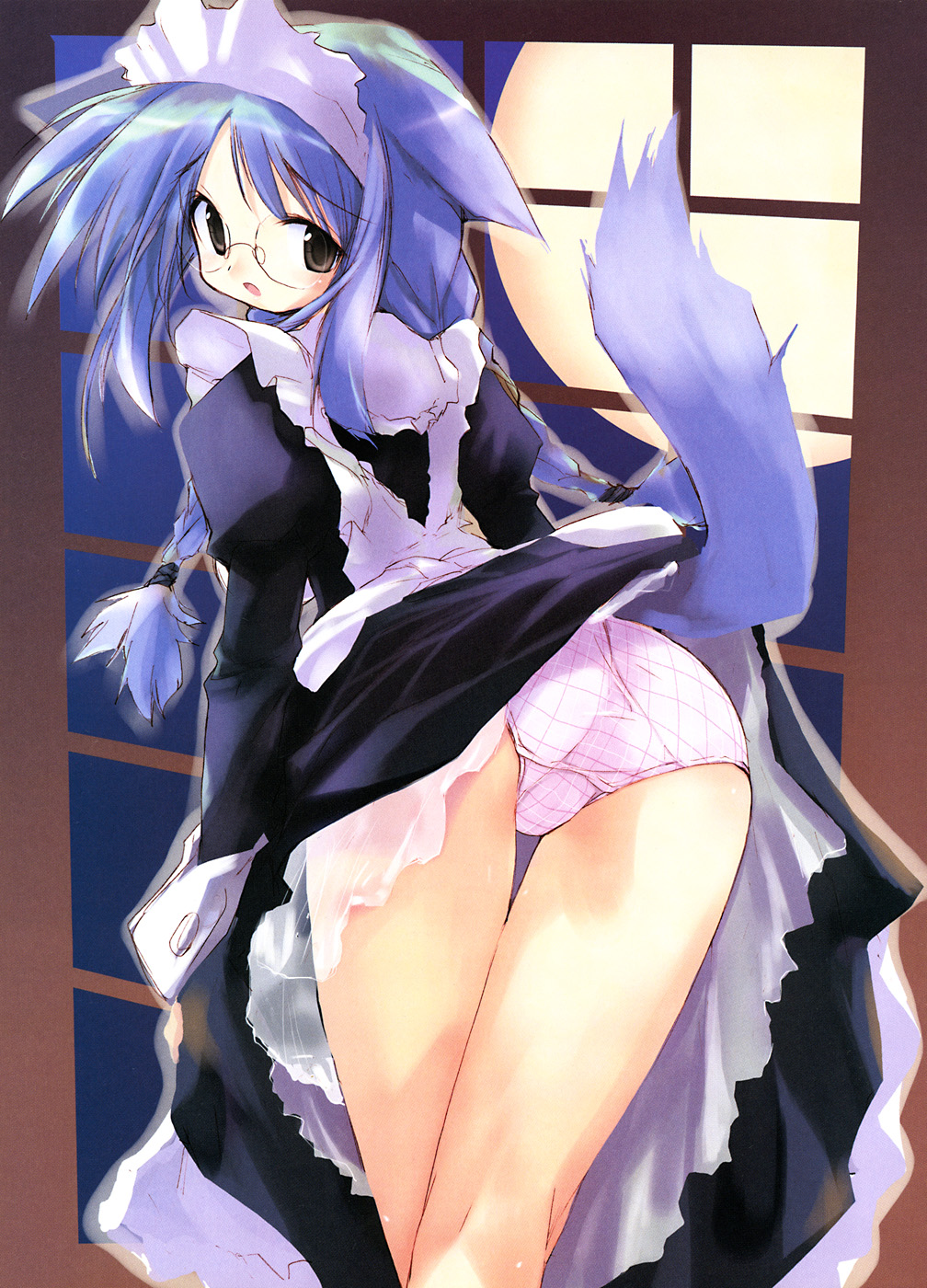 albert company, e=mc2 (mosimosi), highres, 1girl, animal ears, ass, blue hair, braid, brown eyes, clothes lift, female focus, full moon, glasses, maid, moon, panties, plaid clothes, plaid panties, round eyewear, skirt, skirt lift, solo, tail, twin braids, underwear, window