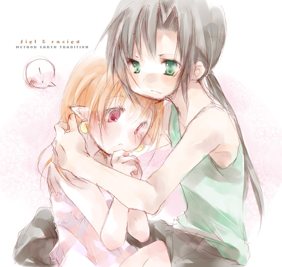 hiyo (aroma berry), black hair, elf, green eyes, hug, pointy ears, ponytail, red eyes, red hair, sketch