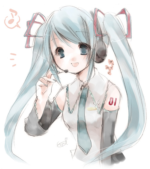 hiyo (aroma berry), hatsune miku, vocaloid, blue hair, headphones, necktie, ribbon, solo, twintails