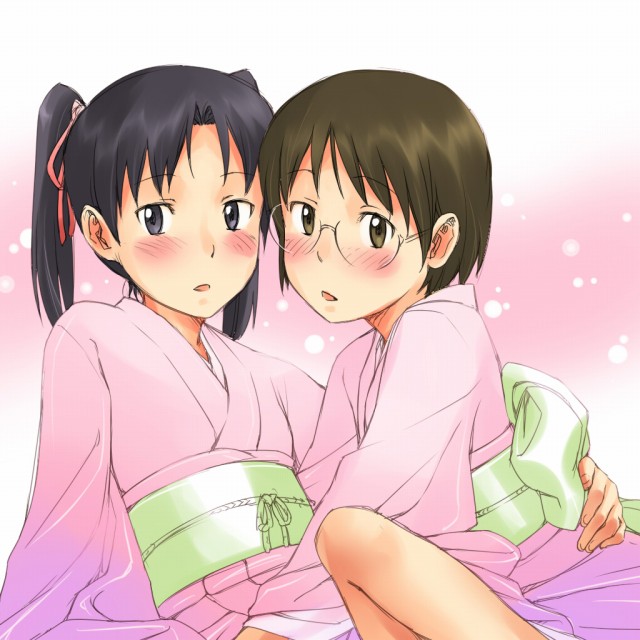mosha, amasawa yuuko, okonogi yuuko, dennou coil, 00s, 2girls, blue eyes, blush, brown eyes, brown hair, glasses, japanese clothes, kimono, multiple girls, pink kimono, short hair, short twintails, twintails, yukata