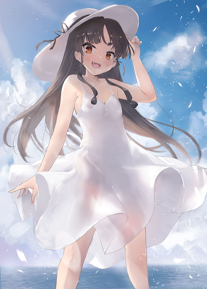 toka (marchlizard), nisshin (kancolle), kantai collection, 1girl, alternate costume, black hair, blush, brown eyes, cloud, cloudy sky, day, dress, hat, long hair, looking at viewer, ocean, open mouth, outdoors, petals, ribbon, short eyebrows, sky, sleeveless, sleeveless dress, smile, solo, spaghetti strap, sun hat, sundress, thick eyebrows, very long hair, water, white dress