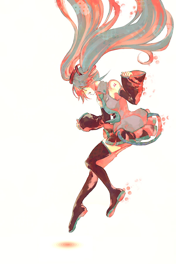 akutsu (yuumi), hatsune miku, vocaloid, 1girl, :o, aqua necktie, black boots, black skirt, blue hair, blush, boots, collared shirt, detached sleeves, female focus, full body, grey shirt, jumping, long hair, looking down, multicolored hair, necktie, open mouth, pleated skirt, profile, red hair, shirt, simple background, skirt, sleeveless, sleeveless shirt, solo, thigh boots, thighhighs, two-tone hair, very long hair, white background