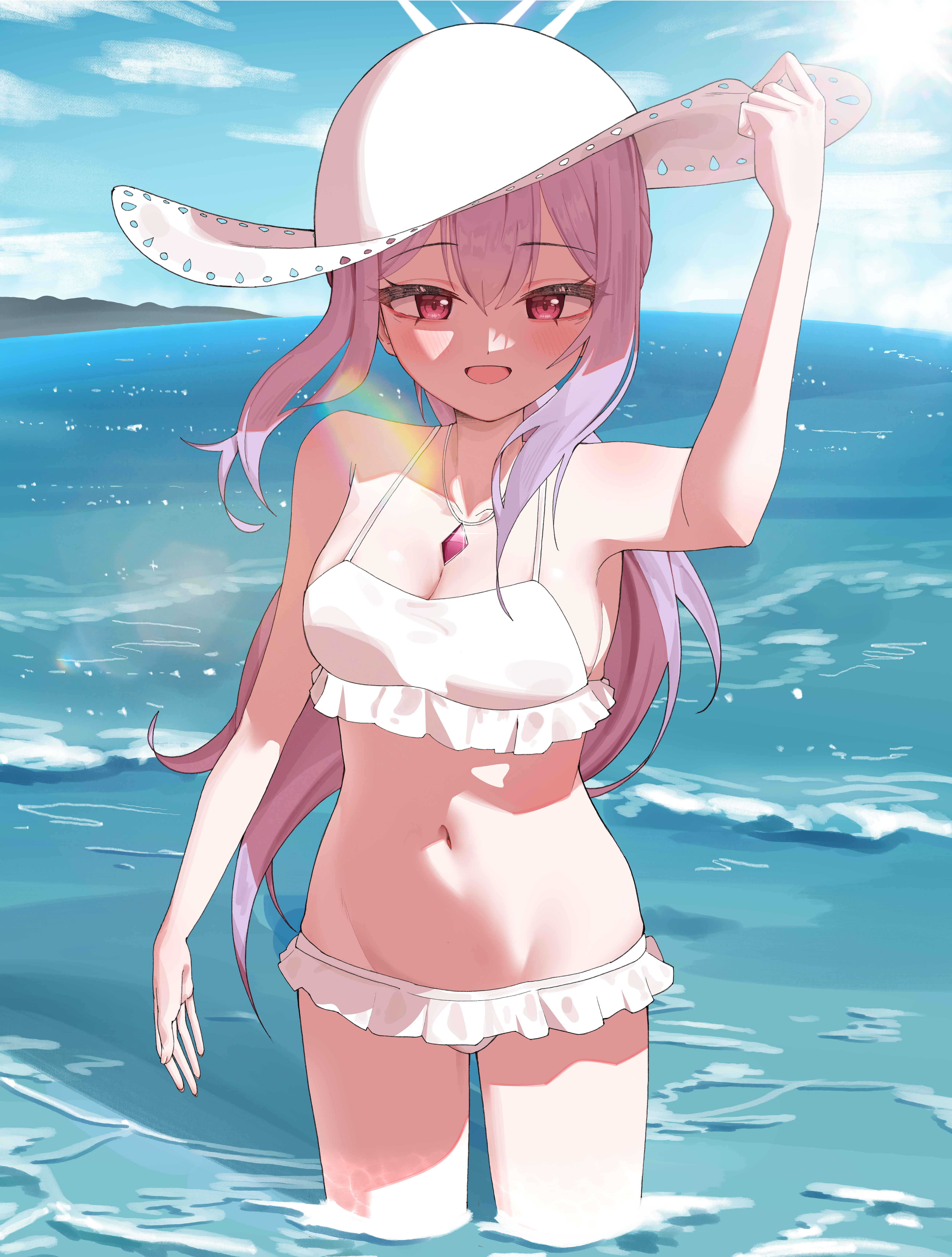 cetci, atsuko (blue archive), atsuko (swimsuit) (blue archive), blue archive, absurdres, commentary request, highres, korean commentary, 1girl, :d, arm at side, bare arms, bikini, blue sky, blush, breasts, cleavage, cowboy shot, day, eyelashes, floating hair, frilled bikini, frills, glint, hair between eyes, halo, halterneck, hand on headwear, hand up, happy, hat, jewelry, long hair, low ponytail, medium breasts, navel, necklace, ocean, official alternate costume, official alternate hairstyle, open mouth, outdoors, ponytail, purple hair, red eyes, sidelighting, sidelocks, sky, smile, solo, stomach, sun hat, sunlight, swimsuit, tsurime, very long hair, wading, waves, white bikini, white halo, white hat
