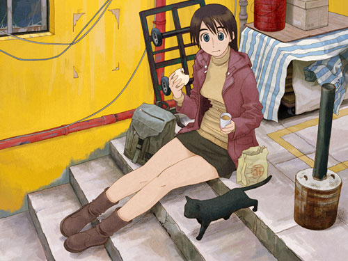 azuma kiyohiko, afternoon (magazine), lowres, 1girl, bag, brown hair, cat, cup, eating, female focus, food, miniskirt, short hair, sitting, sitting on stairs, skirt, solo, stairs