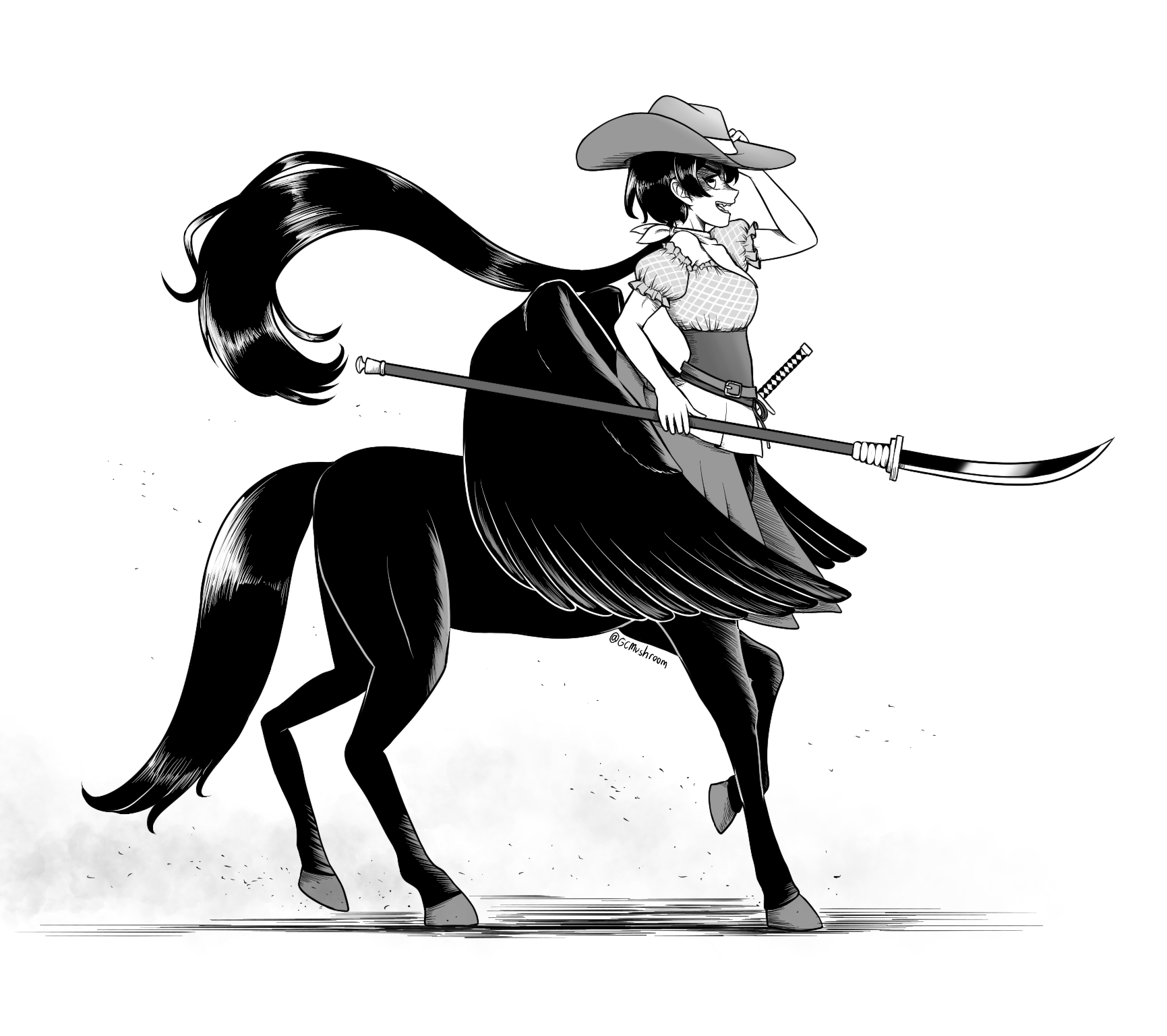 giantcavemushroom, kurokoma saki, touhou, highres, 1girl, bandana, bandana around neck, belt, centaur, cowboy hat, feathered wings, full body, hand on own hat, hat, holding, holding polearm, holding weapon, katana, long hair, looking at viewer, low ponytail, monsterification, open mouth, polearm, ponytail, puffy short sleeves, puffy sleeves, sheath, sheathed, shirt, short sleeves, simple background, skirt, solo, standing, sword, taur, weapon, white background, wings