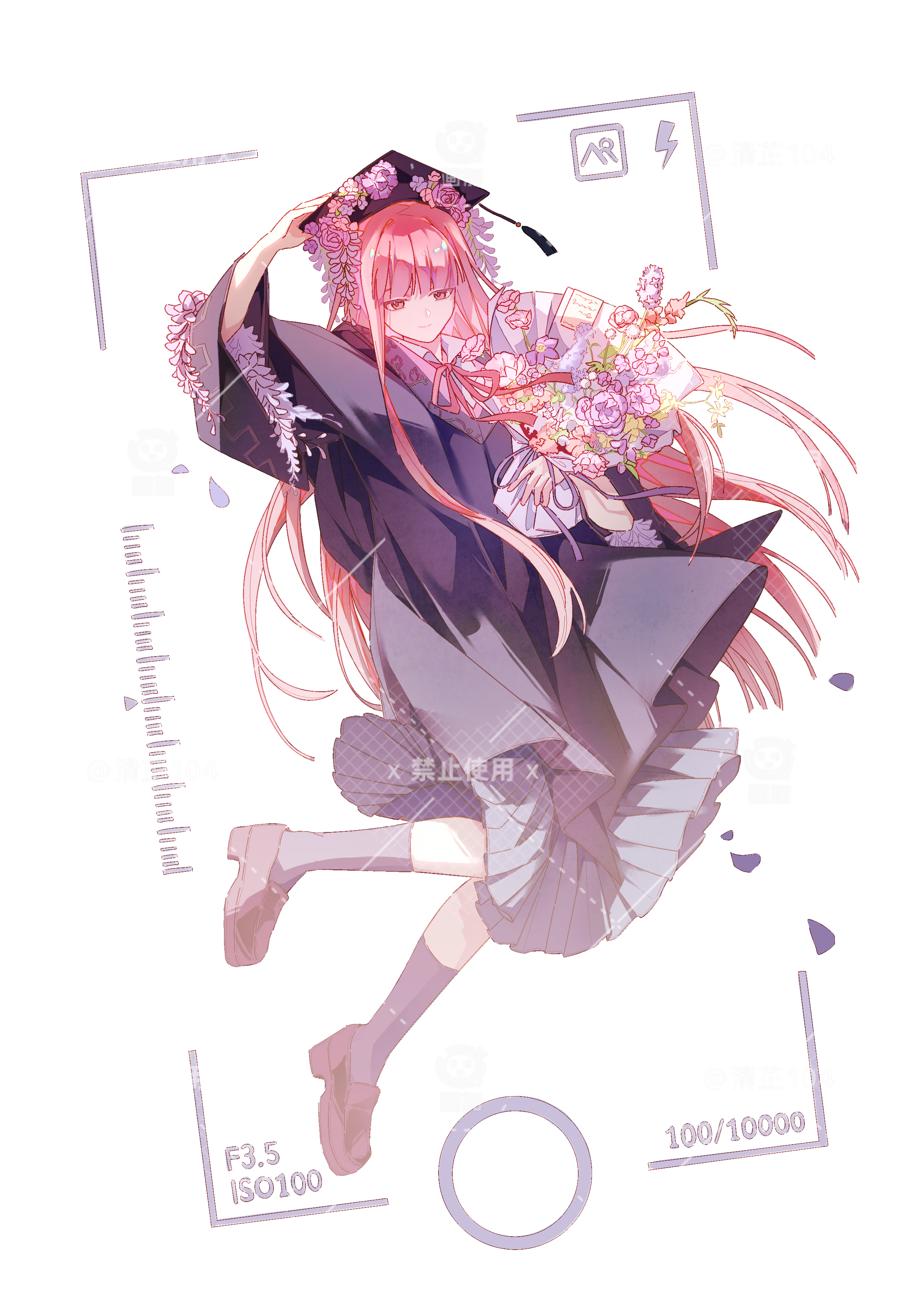 nikki (nikki), nikki (series), absurdres, artist request, commission, highres, second-party source, 1girl, ankle socks, black hat, black robe, black socks, blunt bangs, border, brown shoes, bud, cellphone, collared shirt, floating, flower, full body, graduation, grey skirt, hand on headwear, happy, hat, hat flower, hat tassel, lightning bolt symbol, long hair, long sidelocks, long sleeves, looking at flowers, medium skirt, mortarboard, neck ribbon, petals, phone, pink flower, pink hair, pink ribbon, pleated skirt, purple flower, purple rose, ribbon, robe, rose, school uniform, shirt, shoes, sidelocks, simple background, skirt, socks, solo, uwabaki, very long hair, viewfinder, white background, white shirt, wide sleeves, wisteria