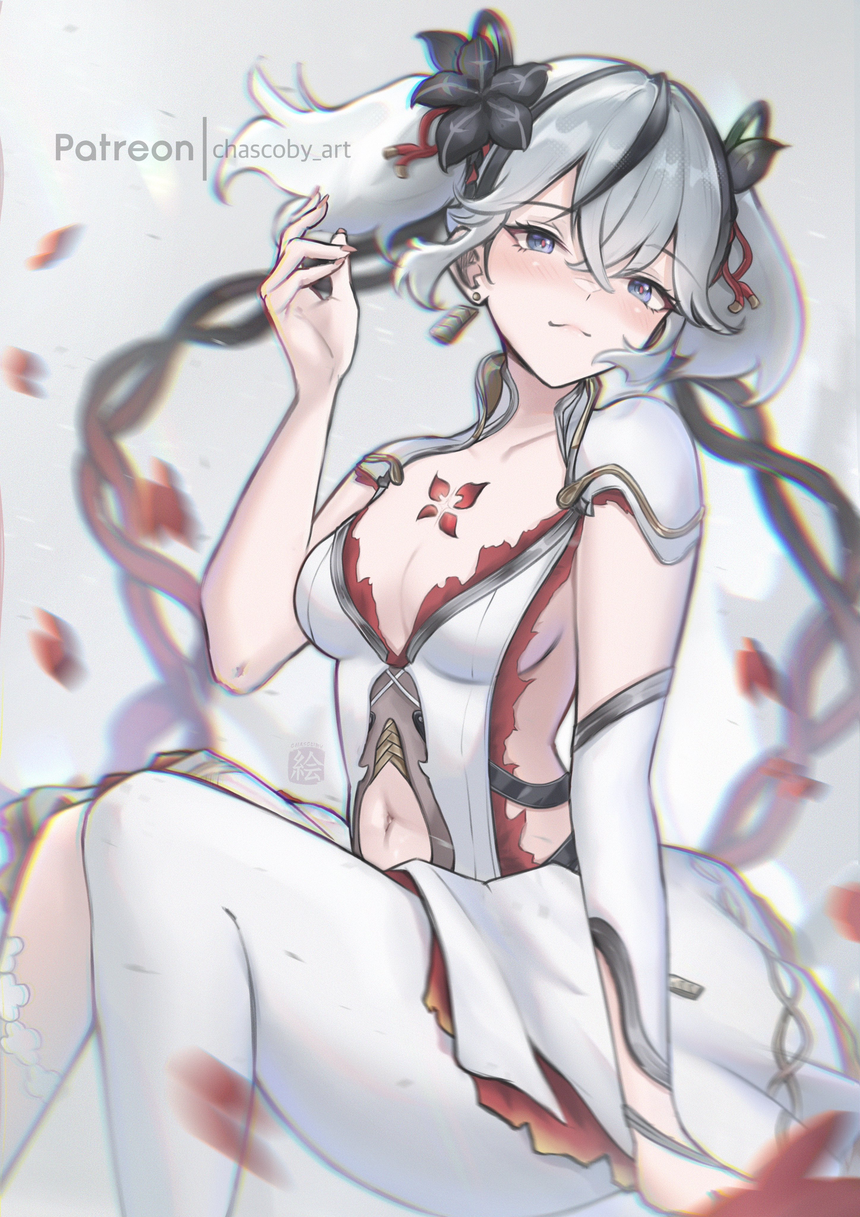 chascoby, camellya (wuthering waves), wuthering waves, absurdres, commentary, highres, 1girl, black eyes, black flower, blake bloom (wuthering waves), blush, breasts, chromatic aberration, closed mouth, clothing cutout, collar, collarbone, dress, earrings, feet out of frame, fingernails, flower, gold earrings, grey background, hair between eyes, hair flower, hair ornament, hair vines, hand up, heavy chromatic aberration, jewelry, looking at viewer, medium breasts, navel, pantyhose, red pupils, short hair, short twintails, sideless dress, single leg pantyhose, sitting, smile, solo, stomach cutout, twintails, white collar, white dress, white hair, white pantyhose