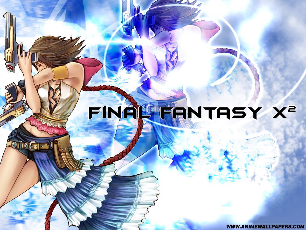 gunner (sekaiju), yuna, yuna (ff10), final fantasy, final fantasy x, final fantasy x-2, 00s, 1girl, belt, black shorts, brown hair, closed eyes, copyright name, dual wielding, female focus, gun, holding, short hair, shorts, skirt, solo, watermark, weapon, web address, zoom layer