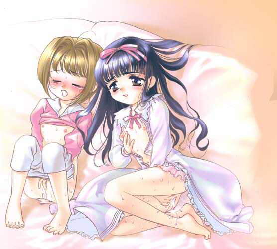 daidouji tomoyo, kinomoto sakura, cardcaptor sakura, 1990s (style), 2girls, blush, breasts, clothes lift, female orgasm, fingering, grabbing another's breast, groping, happy, loli, masturbation, multiple girls, orgasm, pussy juice, retro artstyle, shirt lift, sweat, tears, yuri