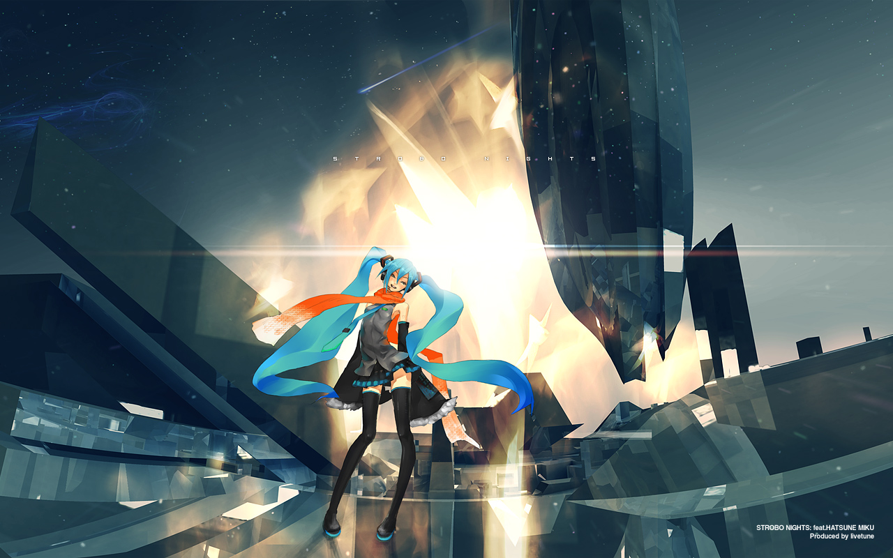 redjuice, hatsune miku, vocaloid, 1girl, female focus, long hair, orange scarf, scarf, solo, song name, thighhighs, twintails, very long hair