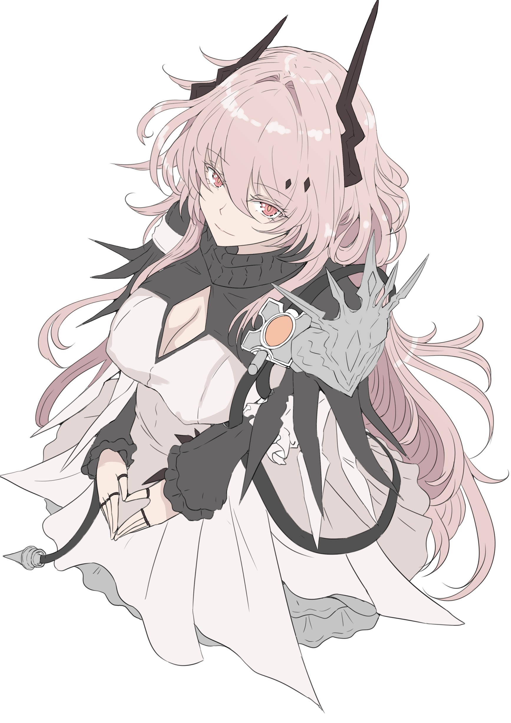ken (shutenndouji1), theresa (arknights), arknights, absurdres, commentary request, highres, revision, textless version, 1girl, asymmetrical horns, breasts, brown hair, cleavage, cleavage cutout, closed mouth, clothing cutout, dress, hair between eyes, horns, long hair, long sleeves, medium breasts, own hands together, puffy long sleeves, puffy sleeves, red eyes, simple background, sleeves past wrists, smile, solo, very long hair, white background, white dress