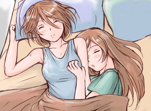 2girls, bed, blush, breasts, brown hair, female focus, lying, multiple girls, shirt, sleeping, upper body, yuri