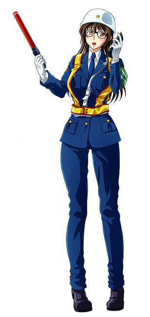 1girl, black hair, breasts, brown hair, helmet, large breasts, long hair, police, police uniform, policewoman, solo, standing