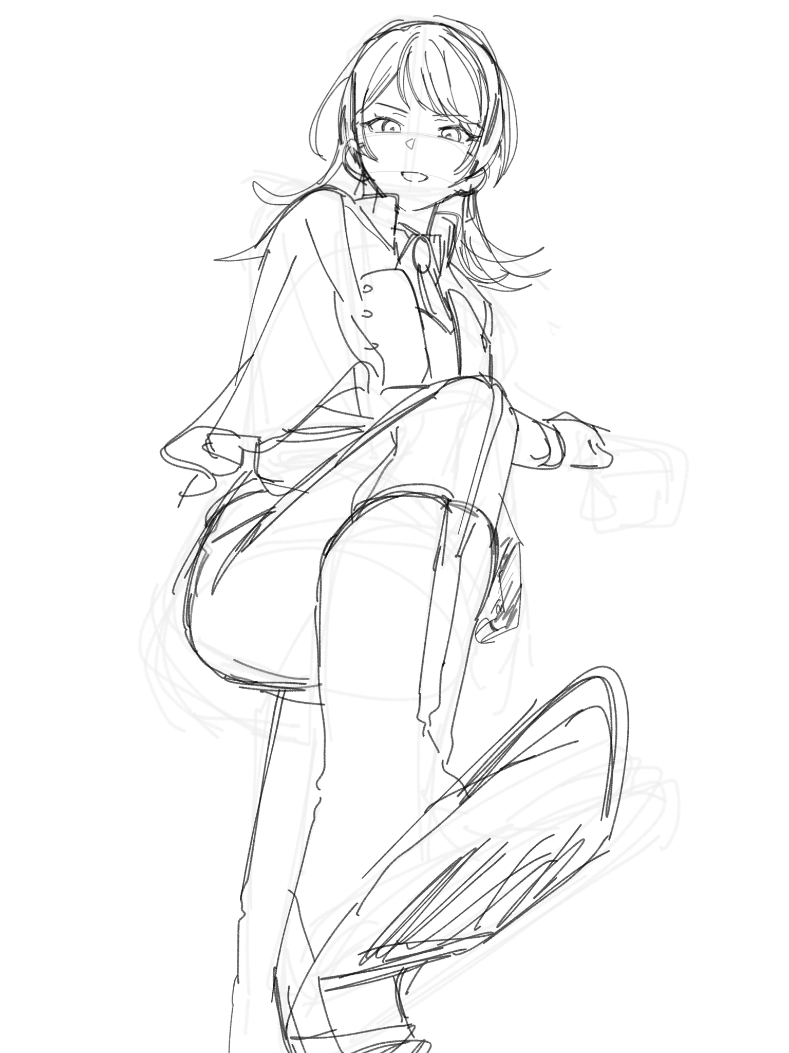nanami (nunnun 0410), timoris (bang dream!), yahata umiri, bang dream!, bang dream! it's mygo!!!!!, commentary request, highres, unfinished, 1girl, boots, capelet, looking at viewer, medium hair, open mouth, simple background, sketch, solo, white background