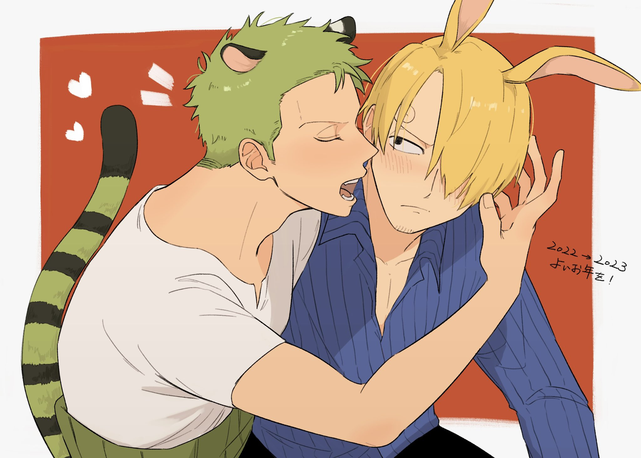 iqracha, roronoa zoro, sanji (one piece), one piece, highres, 2boys, adam's apple, animal ears, blue shirt, border, closed mouth, curly eyebrows, facial hair, goatee stubble, hair over one eye, imminent kiss, kemonomimi mode, male focus, multiple boys, open mouth, rabbit ears, shirt, short hair, striped clothes, striped shirt, stubble, tail, tiger ears, tiger tail, white border, white shirt, yaoi