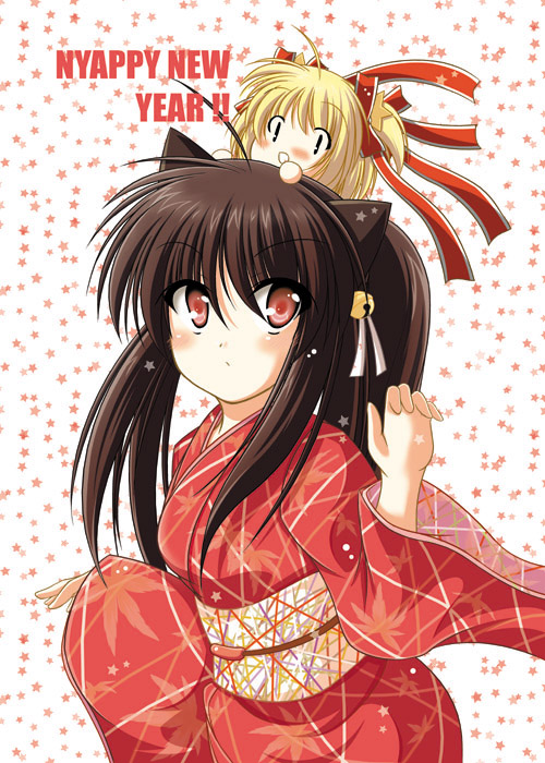 fuyu matsuri, kamikita komari, natsume rin, little busters!, 2girls, blonde hair, blush, brown hair, japanese clothes, kimono, leaf print, long sleeves, looking at viewer, mini person, minigirl, multiple girls, red eyes, simple background, size difference, white background, wide sleeves