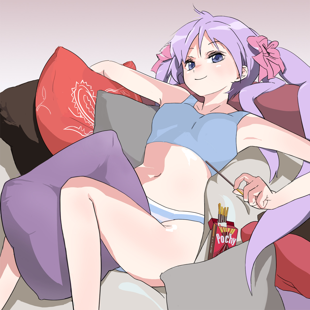 mta, hiiragi kagami, lucky star, bad id, bad pixiv id, highres, 00s, 1girl, female focus, food, panties, pillow, pocky, solo, striped clothes, striped panties, tank top, underwear
