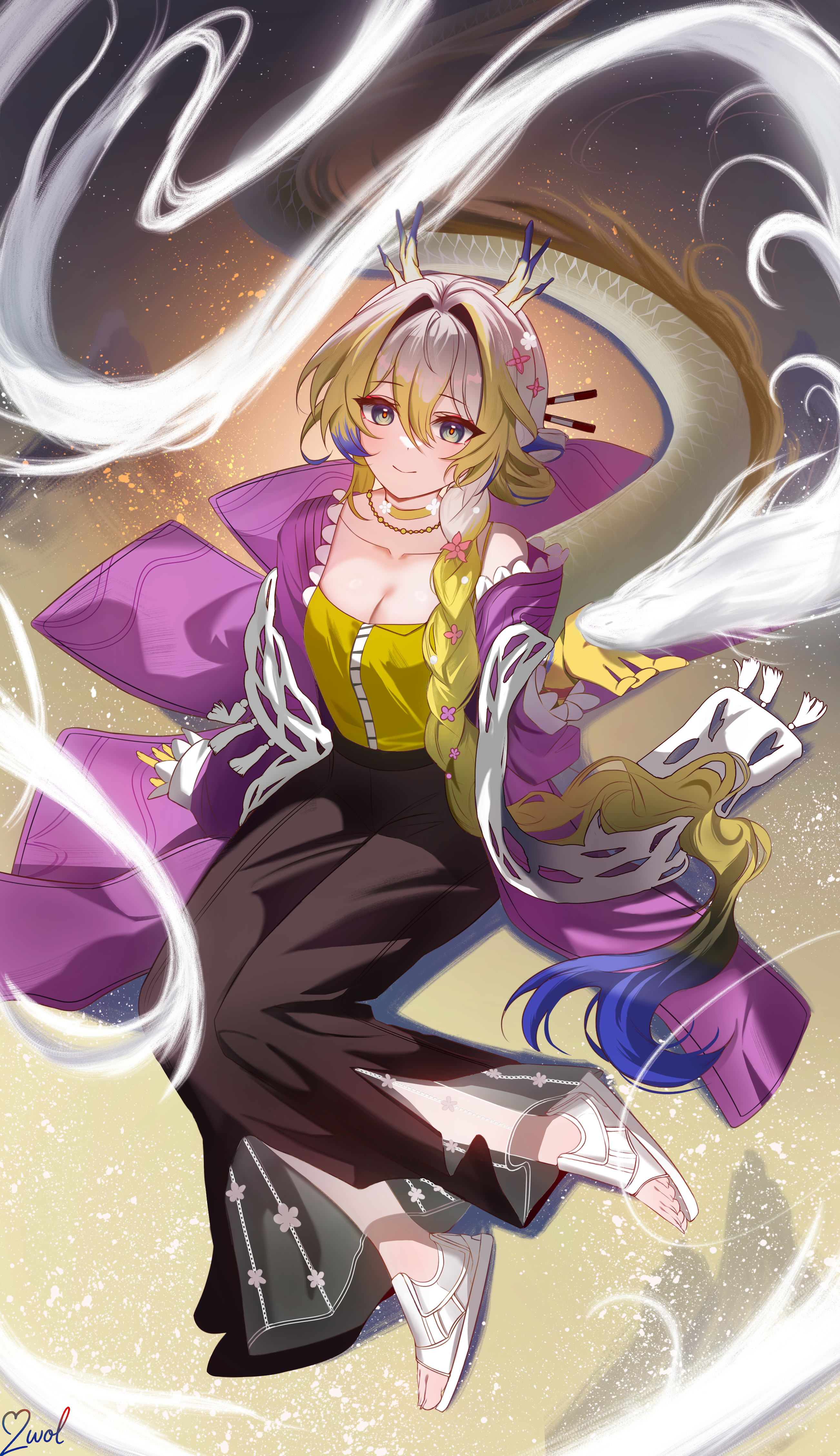 2wol0207 february, shu (arknights), shu (spring feast) (arknights), arknights, absurdres, highres, 1girl, bare shoulders, blonde hair, braid, breasts, brown skirt, camisole, choker, cleavage, closed mouth, coat, collarbone, colored extremities, dragon, dragon girl, dragon horns, dragon tail, eastern dragon, flower, frills, full body, green eyes, grey hair, hair between eyes, hair flower, hair intakes, hair ornament, hair over shoulder, horns, light particles, long skirt, long sleeves, looking at viewer, medium breasts, off shoulder, official alternate costume, orange pupils, pink coat, purple eyes, sandals, shawl, signature, sitting, skirt, smile, solo, tail, tassel, toenails, toes, white sandals, white shawl, yellow camisole, yellow choker